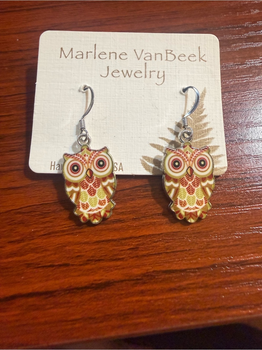 Marlene VanBeek Owl Drop Earrings in Yellow & Red